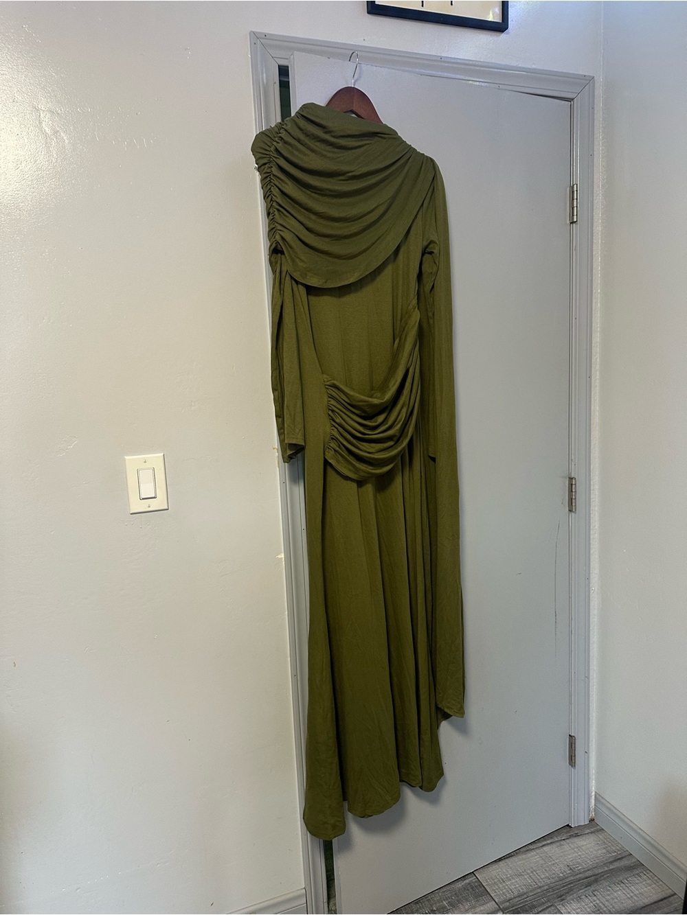 Olive Green Draped Maxi Dress with Ruched Details - Picture 2 of 5
